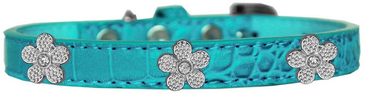 Silver Flower Widget Croc Dog Collar Turquoise Size 20